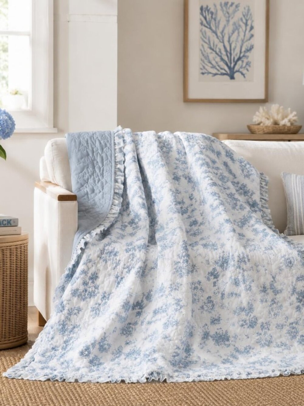 Blue Toile Quilted Throw Blanket 47" x 60" Cozy Cotton Decorative Blanket French